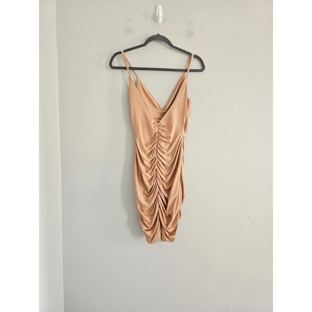 Tiger Mist Tan Bodycon Runched Mini Dress M - Picture 3 of 4